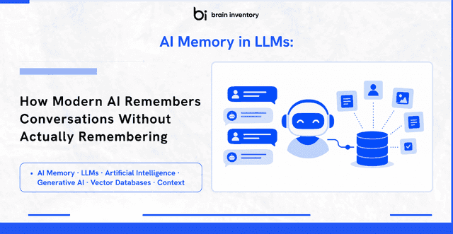 AI memory in LLMs showing conversation history, vector databases, and memory retrieval