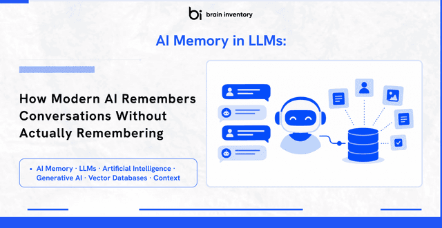 AI memory in LLMs showing conversation history, vector databases, and memory retrieval
